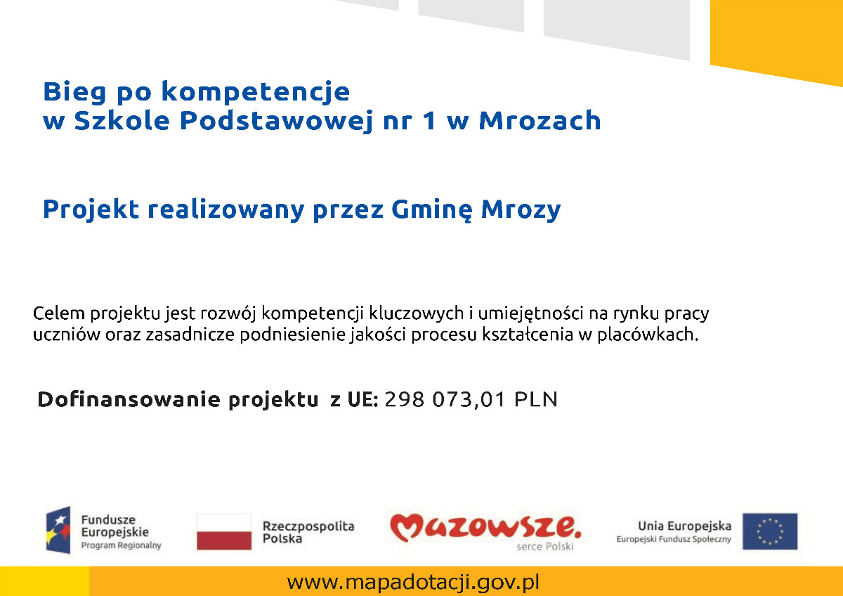 Baner - Informacja bieg po kompetencje w Szkole Podstawowej nr 1 w Mrozach